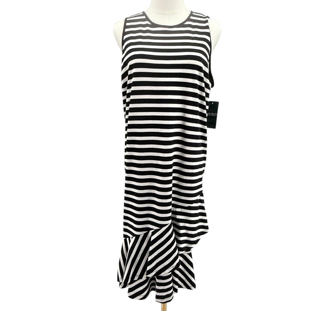New Lauren Ralph Lauren Women Striped Maxi Dress XL Black White Stripes Ruffle - Picture 2 of 9